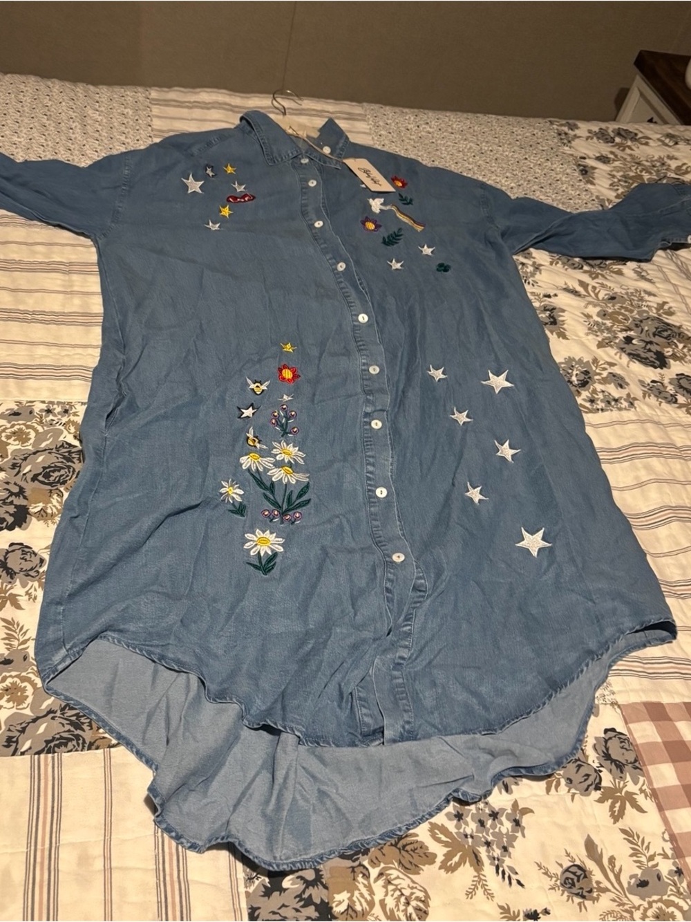 Blue Velvet Embroidered Denim Chambray Shirt Dress Large NWT Modest